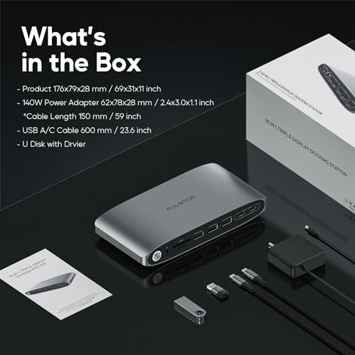 DisplayLink Docking Station Triple Monitor with 140W Power Adapter, PULWTOP 4K@60Hz Laptop Docking USB C Dock for MacBook M1/M2/M3, Windows, 3xHDMI, 2xDisplayPort,5xUSB C/USB A Data/Charging - size: 16 in 1 Displaylink triple docking station