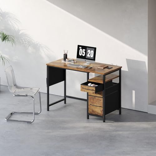 Ｍａｉｈａｉｌ Maihail Small Desk with Drawers, 40 inch Computer Desk with Shelves, Writing Desk with Storage, Small Office Desk with Metal Frame, Rustic Brown2 - color: Rustic Brown, size: 40 inch