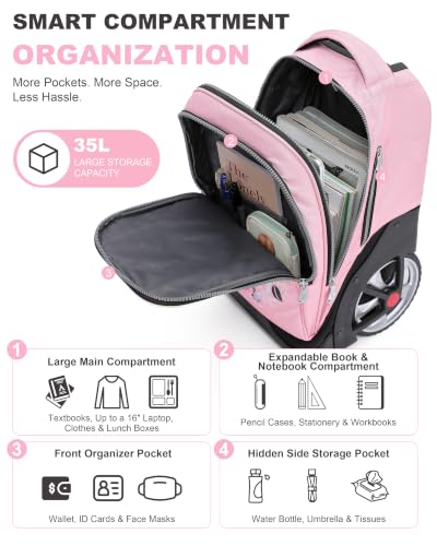NEW TILAMI 19 Inch Rolling Backpack with Lunch Bag School Stair-Climbing | Stair-Climbing Teen Boys Girls Carry-on Suitcase Large Compartment 15.6 Laptop Sleeve Adjustable Handle Roller Travel Bag - color: Flower Pink