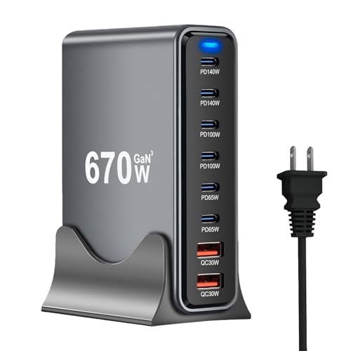 670W USB C Fast Charger Block, 8 Ports GaN III USB Chagring Station, Dual 140W PD PPS HUB for Multiple Devices, Laptop Adapter Compatible with MacBook Pro/Air iPad iPhone Pro Max, Galaxy, Dell, HP - size: 670W-6C2A