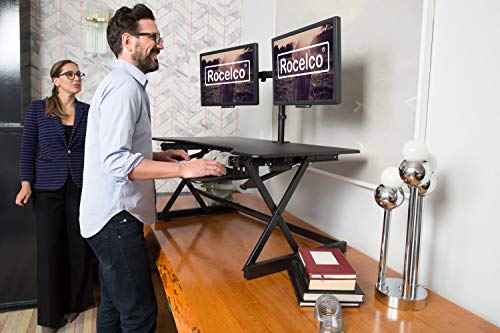 Rocelco 38" Height Adjustable Standing Desk Converter with Dual Monitor Mount Bundle - Sit Stand Computer Workstation Riser - Retractable Keyboard Tray Gas Spring - Black (R DADRB-38-DM2)