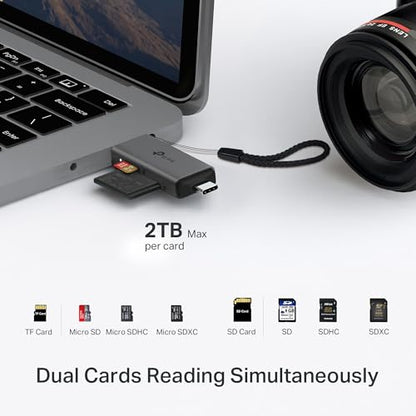 TP-Link SD Card Reader, 2-in-1 USB 3.0 Type-C&A Dual Slot Memory Card Reader for SD/Micro SD/SDHC/SDXC, High-Speed Data Transfer, Plug & Play with Windows, macOS, iPadOS, Android & Chrome OS (UA430D) - style: USB A&C