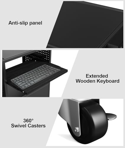 AV Cart with Wheels and Power, Media Cart with Pegboard Siding & 12 Hooks, with Locking Cabinet & Pullout Keyboard Tray, Rolling Computer Cart, Mobile Workstation, Utility Cart(40" x 18" x 31.5") - size: 40" x 18" x 31.5"