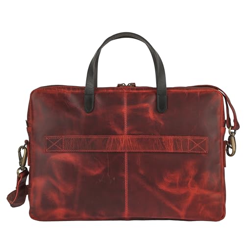 KomalC Leather Laptop Sleeve 15.5" with Trolley Strap, Fits up to 16" Laptop, Slim Office Bag with Shoulder Strap - color: Red