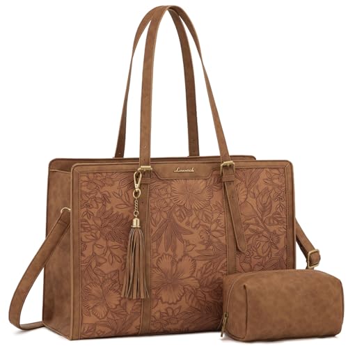 LOVEVOOK Laptop Bag for Women, Vintage Leather 15.6 Inch Work Tote with Large Cup Holder, Teacher Professional Computer Bag with Clutch Purse and Tassel for Office Business - color: Retro Embossed Brown, size: 15.6 inch