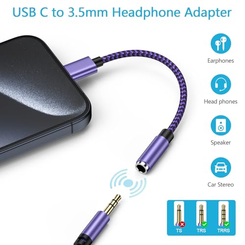 for iPhone 16e 17e 16 17 Pro Max Air, Headphone Earphone Jack Adapter for iPhone 16 Plus, 15, 15 Pro, 15 Pro Max, 15 Plus, USB C to 3.5mm Headset Earbud Audio Adapter for Samsung Galaxy S25 Edge Ultra - color: Purple