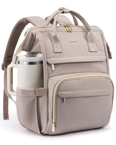 LOVEVOOK Laptop Backpack for Women with Giant Tumbler Holder Pocket,15.6 inch Waterproof Travel Backpack Purse Computer Laptop Bag,Professional Work College Nurse Teacher Backpack Daypack,Grayish-pink - color: Grayish-pink, size: 15.6-Cup
