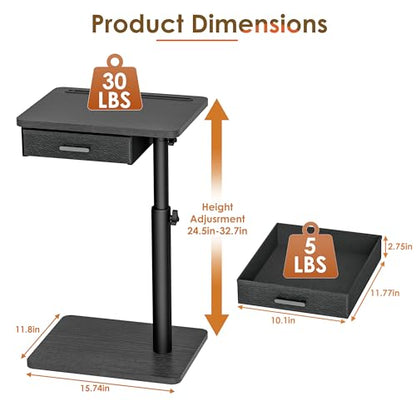TV Tray with Drawer & Device Slot, Swivel Height Adjustable bedside table, Sofa Side Table for Eating, C Shaped Couch Table for Living Room & Bedroom, Portable Snack End Table for Couch & Bed, Black