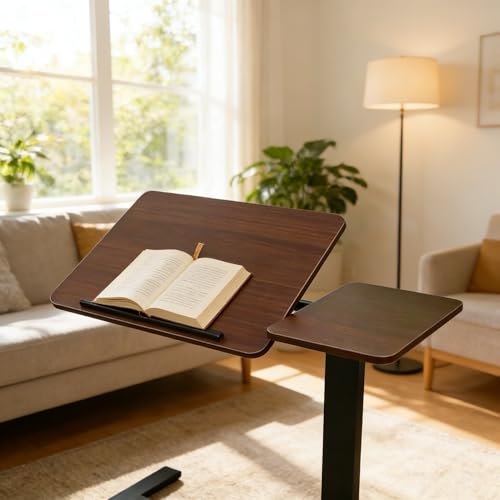 KEIKI Height Adjustable Rolling Laptop Desk, Portable Mobile Standing Workstation with Tiltable Top for Home Office Classroom, Walnut - color: Walnut