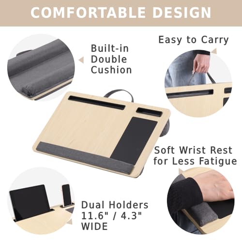 Japard Laptop Lap Desk with Mousepad, Cushion, Wide 21", Fits up to 15.6 inch, Portable Handle, Tablet Pen Phone Holder Wood Natural Home Office Gift