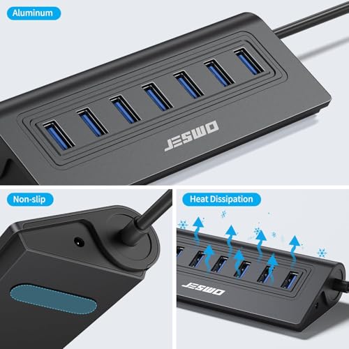 USB Hub 3.0, JESWO Aluminum 7 Port USB 3.0 Hub with 3.3Ft Cable, USB Splitter with 7-USB3.0 Data Ports Compatible with MacBook, Laptop,Surface Pro, PS5, PC and More (No Power Adapter Included) - color: Black