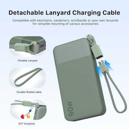 NOBIS Portable Charger 20000mAh 90W Power Bank w/Detachable Cable | 2C+2A USB-C Fast Charging Battery Pack with LED Display,Battery Bank for Laptops, Tablets, Phones and Steam Deck - color: Green