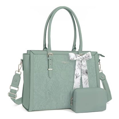 MOSISO Laptop Bag for Women, 15.6-16 inch PU Leather Tote Bag | Compatible with MacBook, HP,Dell,Asus, Front Embossed Retro Hibiscus Computer Bags with Silk Scarf&Clutch Purse,Antique Green - color: Antique Green, size: 16 inch