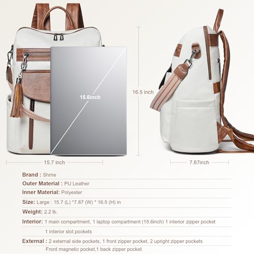 Laptop Backpack for Women 15.6 inch,Travel Leather Backpack Purse Nurse Teacher Carry on Backpack Computer Bag,Professional Water-Resistant College Business Work Casual Daypack,Beige with Brown - color: Beige With Brown