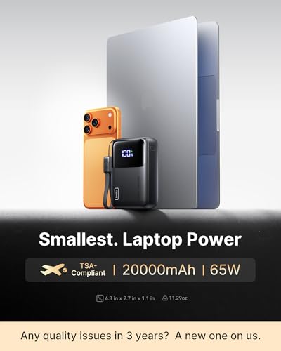INIU 20000mAh Laptop Power Bank, Ultra Compact 65W PD Dual Fast Charging Portable Charger, TSA Approved Battery Pack with USB C Cable for Travel MacBook iPad Tablet Switch iPhone 17 16 Pro Samsung S25 | USB C Cable, Flight-Safe, Travel Essentials, Portabl