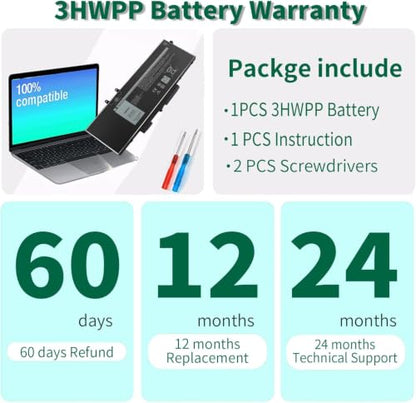 68Wh 3HWPP 15.2V Battery Replacement for Dell Inspiron 7706 2-in-1 Black | Inspiron 17 7500 7506 2-in-1 Black, Latitude 5401 5410 5411 5501 5510 5511 Precision 3551 3541 1VY7F - size: 9.38*4.13*0.25inch 3HWPP