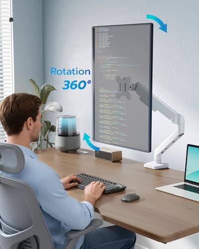 ARES WING Heavy Duty Single Monitor Arm - Fully Adjustable Monitor Mount for 17"-40" Ultrawide Screens up to 26.4 lbs with Clamp/Grommet Desk Mount, 75/100 Vesa Mount, White - color: White, style: Non USB