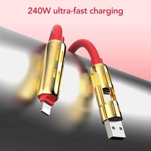 MFish 240W 4-in-1 Charging Cable with Carrying Case, 6.6FT Fast Charger USB-A & USB-C to USB-C/Lightning, for iPhone 17/16/15/14, MacBook, iPad, Samsung S25/S24 (Red, 6.6Ft) - color: Red, size: 6.6Ft