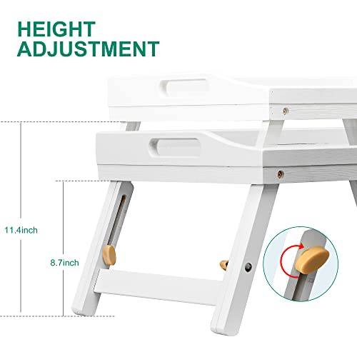 Bed Tray Table for Eating - Bamboo Breakfast Food Table with Phone Tablet Holder - Adjustable Height White Serving Tray with Folding Legs on Lap Sofa - Portable Laptop Snack Platter for Bedroom Picnic
