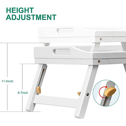 Bed Tray Table for Eating - Bamboo Breakfast Food Table with Phone Tablet Holder - Adjustable Height White Serving Tray with Folding Legs on Lap Sofa - Portable Laptop Snack Platter for Bedroom Picnic