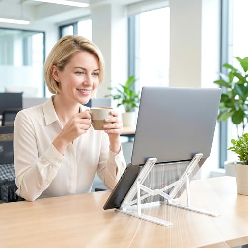 Laptop Stand for Desk, Adjustable 10-Angle Foldable Laptop Riser, Portable White Plastic Tablet Holder, Ventilated Notebook Stand Compatible with All Laptops up to 17 Inch - color: White
