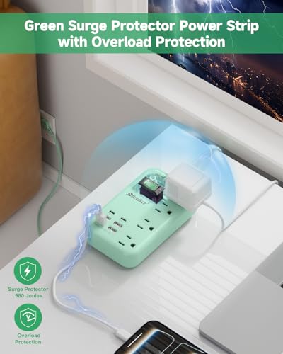 6 USB(2 USB C) Green Travel Power Strip 4 Outlets 5Ft Green Extension Cord | 5FT Green Extension Cord,2 USB C Charging Station,4 Outlets,Cute Desk Accessories,Switch,Kawaii Home Office College Dorm,24W - size: 5 FT(Green-24W USB-980J)