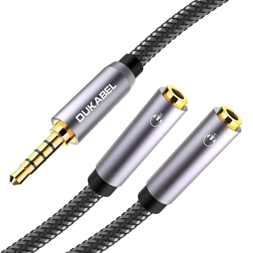 DUKABEL Long Headphone Splitter (4ft / 1.2m) Shielded 4-Pole TRRS 3.5 Y Splitter Cable 2-Way Female to Male Headphone Adapter Stereo Audio/Crystal-Nylon Braided / 24K Gold Plated / 99.99% 4N OFC - size: 48inch / 120cm