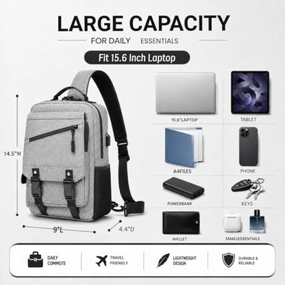Sling Bag Large Capacity: Crossbody Bag for Men Fits 15.6 Inch Laptop A4 Files with Anti Theft USB Port - color: 39-light Grey