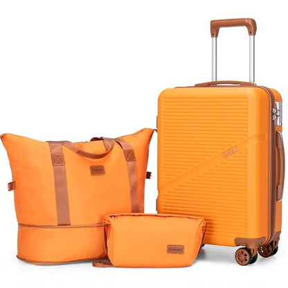 Cosbarn Carry On Luggage,3 Piece Carry On Suitcase,22x14x9 Airline Approved | Lightweight ABS Hardside Luggage, TSA-Approved Lock,Suitcases with Wheels,20Inch,Matching Duffle Bag,For Men&Women - color: Orange, style: Carry on Luggage With Duffel Bag