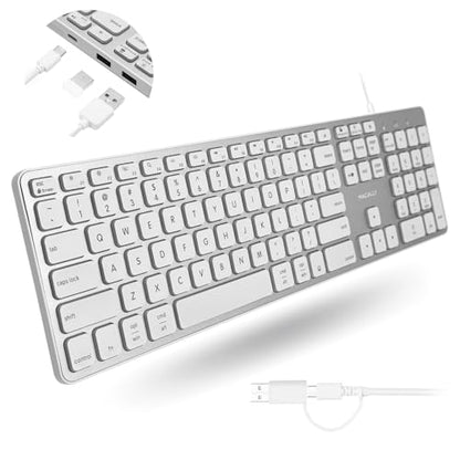 Macally Wired Keyboard for Mac with USB Hub (2X USB-A / 1x USB-C) - Compatible Backlit Apple Keyboard with Dual Interface - Auto OS Detection for Mac, MacBook, iMac, PC, Android, iPad, iOS - Silver - color: Silver