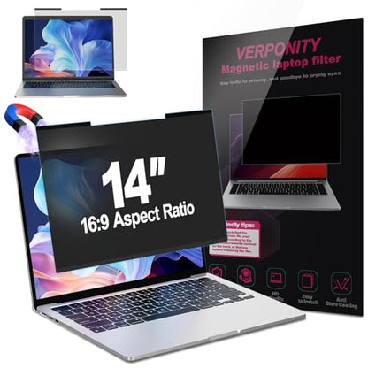 Magnetic Laptop Privacy Screen 14 Inch 16:9 Display, Removable Computer Screen Privacy Shield, Anti-Glare Blue Light Protector Compatible with Dell Hp Lenovo Acer Asus Samsung