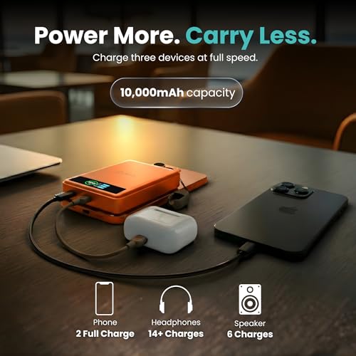 BMX 10K Semi-Solid Power Bank, 10000mAh (Orange) | Semi-Solid State safety; 10,000mAh MagSafe-compatible Qi2 15W for iPhone 17/16/15/14/13/12; 30W dual USB-C; full-color LCD