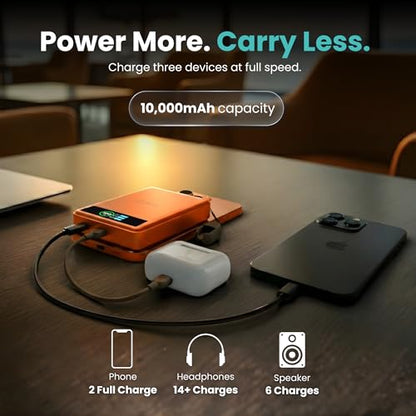 BMX 10K Semi-Solid Power Bank, 10000mAh (Orange) | Semi-Solid State safety; 10,000mAh MagSafe-compatible Qi2 15W for iPhone 17/16/15/14/13/12; 30W dual USB-C; full-color LCD