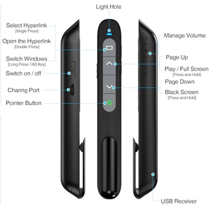 2 in 1 USB Type C Rechargeable Presentation Clicker with Green Pointer, Wireless Presenter for PowerPoint Presentation PPT Clicker, 2.4GHz Presentation Remote Slide Advancer for Computer MacBook - style: Green+Rechargeable+Black