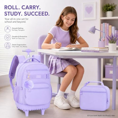 3Pcs Rolling Backpack for Girls Women, 19 Inche School Roller Backpacks with Wheels, Adults Wheeled Bookbag with Lunch Box(Purple) - color: Classic Purple