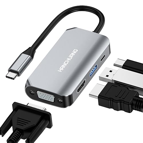 USB C to VGA Adapter, USB-C to HDMI 4K Multiport Adapter, PD100w USB3.0 Type C Docking Station Hub 4 in 1 for MacBook Pro/Air, Dell Laptops & More