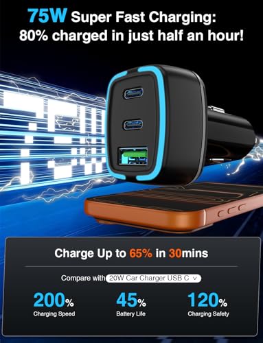 75W USB C Car Charger, 3-Port Super Fast Charging Cigarette Lighte | PD/QC 3.0 Car Cigarette Lighter Adapter for iPhone17/16/15 Pro Max & Samsung Galaxy S26/S25, with 4Pack 3/6.6FT Type-C Cables