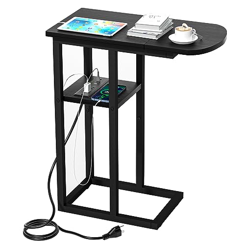 eiskah C Table End Table with Charging Station, Couch C Shaped Side Table for Living Room, Bedroom, Laptop Table with USB Ports and Type-C Port, Snack Tray Table for Couch, Black - color: Black