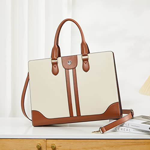 BOSTANTEN Leather Laptop Briefcase for Women Shoulder Bag 15.6 Inch Business Computer Work Tote - color: B-beige