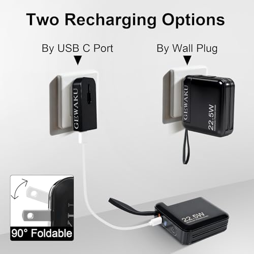 Detachable Wall Plug Portable Charger 15000mAh Power Bank 22.5W | Fast Charging Built-in Cables, 3-in-1 Compact USB-C Battery Pack Travel Essentials for iPhone 17,iPad, Android, Samsung - color: Black