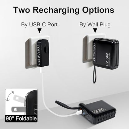 Detachable Wall Plug Portable Charger 15000mAh Power Bank 22.5W | Fast Charging Built-in Cables, 3-in-1 Compact USB-C Battery Pack Travel Essentials for iPhone 17,iPad, Android, Samsung - color: Black