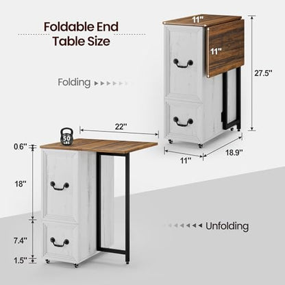 Lareth Rolling Side Table with Wheels, Led Lights & Charging Station | Foldable Desktop Narrow End Table, 1 Drawer, 2 Bookshleves, 27.56"H Tall Nightstan, Small Space, Living Room, Antique White - color: B Antique White