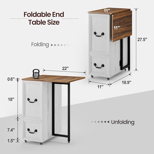 Lareth Rolling Side Table with Wheels, Led Lights & Charging Station | Foldable Desktop Narrow End Table, 1 Drawer, 2 Bookshleves, 27.56"H Tall Nightstan, Small Space, Living Room, Antique White - color: B Antique White
