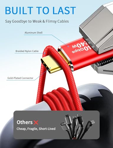 USB 4 Cable for Thunderbolt 4 [Red, 6.6FT], USB C to USB C Monitor Cable 8K/5K/4K, 40Gbps High-Speed Data Transfer, 240W Fast Charge for MacBook, iPad,SSD, iPhone17, Docking,Portable Monitor - size: 6.6FT