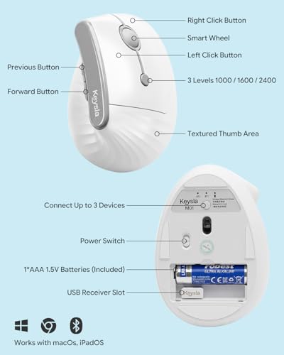 Ergonomic Wireless Mouse, Vertical Bluetooth Mouse for Right Hand and M/L Hands, 2.4GHz USB-A Receiver, Quiet Clicks, 7 Buttons, Adjustable DPI, for Office Computer Laptop PC Mac - color: Pure White