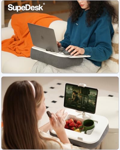 SupeDesk Laptop Lap Desk, Adjustable iPad Holder for Bed, 360° Swivel Tablet Arm, Laptop Desk with Mouse Pad, Snack Bowl & Cup Holder, Fits 4.7–13” Tablets & 15” Laptop - color: Grey