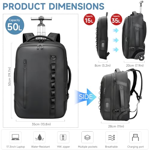 Travel Rolling Backpack,3 in 1 Carry on Backpack Flight Approved,Waterproof Personal Item Bag with Detachable Backpack,Extra Luggage Backpack 50L for Work Teacher College,Black
