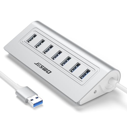USB Hub 3.0, JESWO Aluminum 7 Port USB 3.0 Hub with 3.3Ft Cable, USB Splitter with 7-USB3.0 Data Ports Compatible with MacBook, Laptop,Surface Pro, PS5, PC and More (No Power Adapter Included)