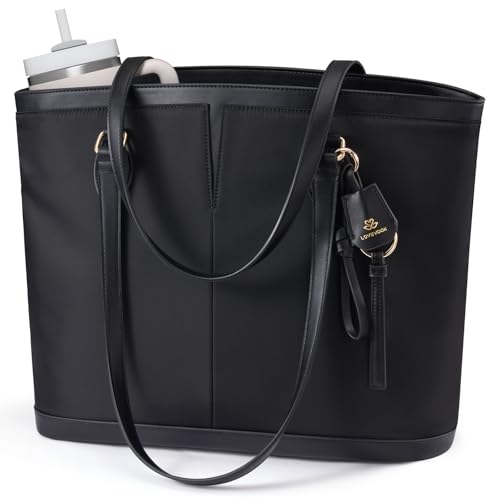 LOVEVOOK Laptop Tote Bag for Women, Lightweight Work Tote with Cup Holder, Waterproof Large Computer Bag for Office Travel - color: Black, size: 17.3Inch