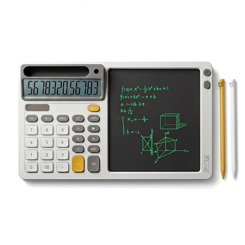 Solar Desk Calculator with 7.5 inc LCD Writing Membrane, 15° Tilt for Easy Reading, Integrated Phone Stand, Voice & Silent Modes, Anti-Slip Pads for Stability, Ideal for Office & Study Use
